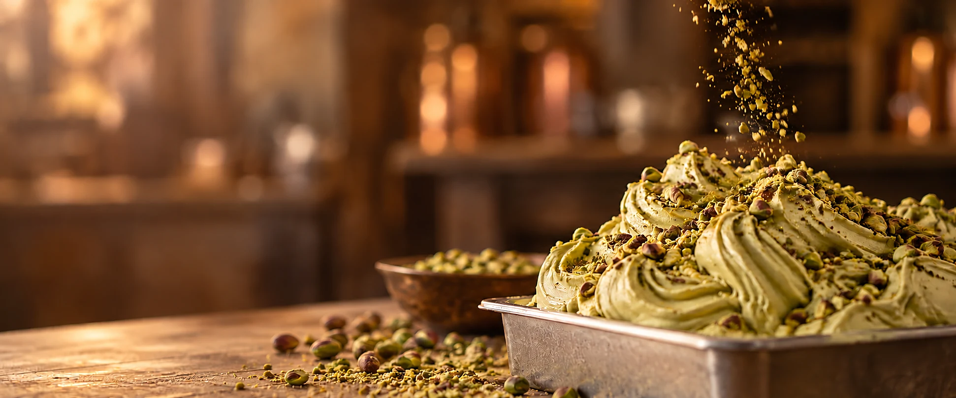 Pistáciové gelato posypávané drobnými kúskami pistácií na drevenom pracovnom stole